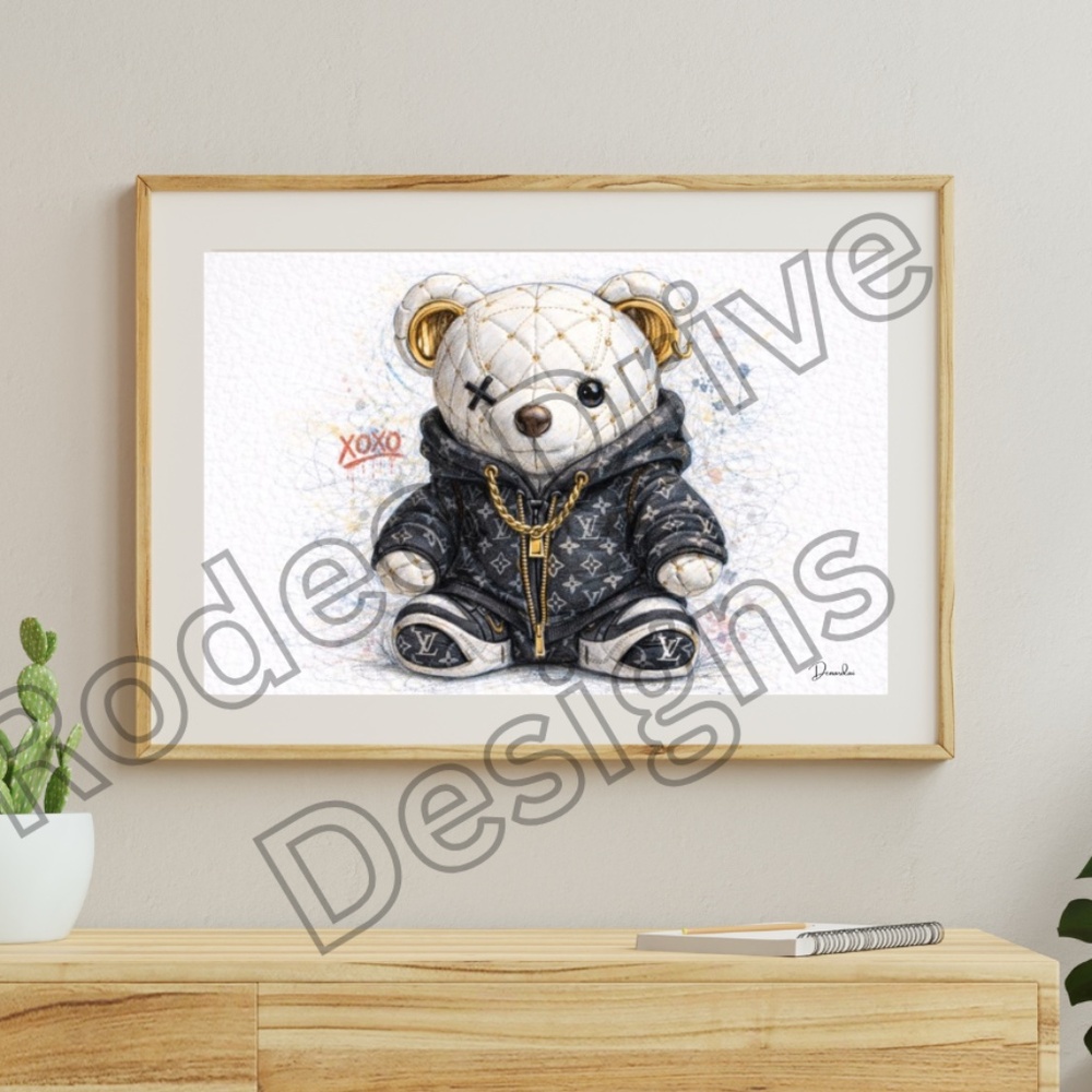 Streetwear Teddy Bear Wall Art 17x11 Monogram Style Fashion Illustration Print